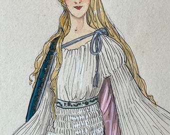 May include: A watercolor illustration of a person with long blonde hair wearing a floral crown of pink and blue flowers. The figure wears a white pleated gown with wide sleeves, a blue patterned belt, and a blue sash draped over the shoulder.