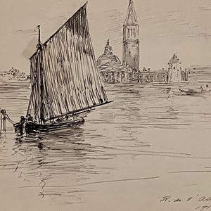 May include: Ink drawing of a sailboat on the water with a city skyline in the background. The boat has a large sail and is tied to a wooden post. The city features a tall tower and domed buildings. Signed and dated 1910.
