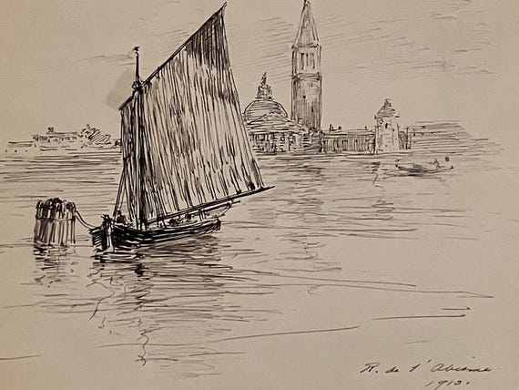 Venice Lagoon Sketch, 1910 — Signed Pen & Ink Drawing