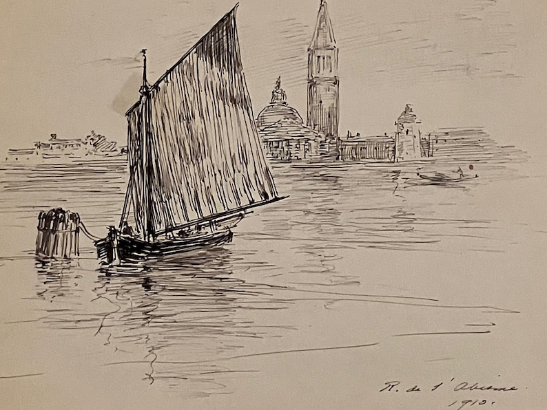 May include: Ink drawing of a sailboat on the water with a city skyline in the background. The boat has a large sail and is tied to a wooden post. The city features a tall tower and domed buildings. Signed and dated 1910.