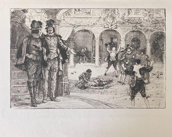 Antique Victorian Etching, Tavern Interior Scene, Walter Scott Print by R.W. Macbeth