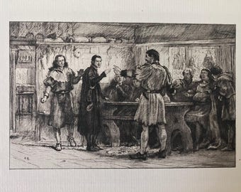 Antique Victorian Etching, Walter Scott Literary Scene, R.W. Macbeth Original Print
