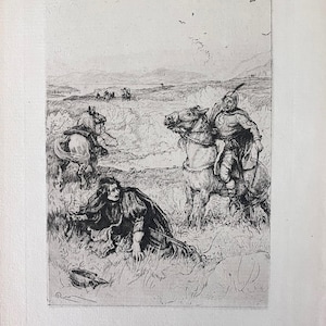May include: An antique etching depicts a dramatic scene with figures on horseback and a person on the ground. The artwork, rendered in black and white, showcases a historical or fantasy narrative set in a landscape.