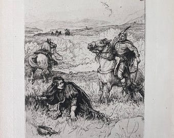 Originele Victoriaanse ets door Robert Walker Macbeth, A.R.A. – 'Proudfute Unhorsed' – met originele tissuebeschermer