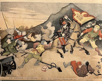 Litografía francesa antigua de 1894 – Escena de batalla japonesa – Ilustración de Le Petit Journal