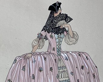 May include: A fashion illustration of a figure wearing a voluminous pink gown with floral patterns, a black lace headpiece, and a black lace fan. The gown features a light blue corset-style bodice with bows and layered ruffles at the skirt front.