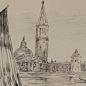 May include: Ink sketch of a cityscape featuring a tall bell tower, a domed building, and other structures along a body of water. The drawing is in black and white, with visible cross-hatching and shading.