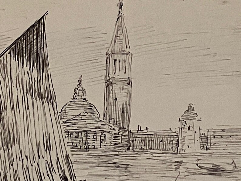 May include: Ink sketch of a cityscape featuring a tall bell tower, a domed building, and other structures along a body of water. The drawing is in black and white, with visible cross-hatching and shading.