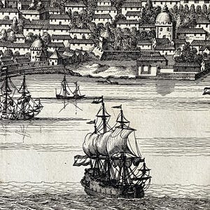 Veduta di Dabhol, India, di Valentyn del 1724 / Scena portuale antica della Compagnia olandese delle Indie orientali / Incisione marittima