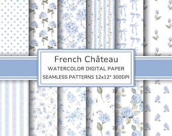 French Chateau Watercolor Digital Paper Pack | Grandmillenial Seamless Patterns | Blue Cottage Printable Scrapbook Paper