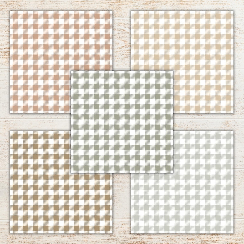 May include: Five square patterned papers in various neutral colors: tan, beige, brown, and gray. Each paper features a classic gingham check design, creating a cohesive set. The papers are arranged on a light wood-grain surface.
