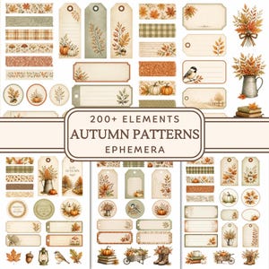 Op de afbeelding: Een digitale collectie van 200+ herfst-thema ephemera elementen, waaronder labels en patronen. Bevat illustraties van pompoenen, herfstbladeren, paddenstoelen, vogels, boeken en rustieke containers in warme oranje, bruine en crèmetinten.
