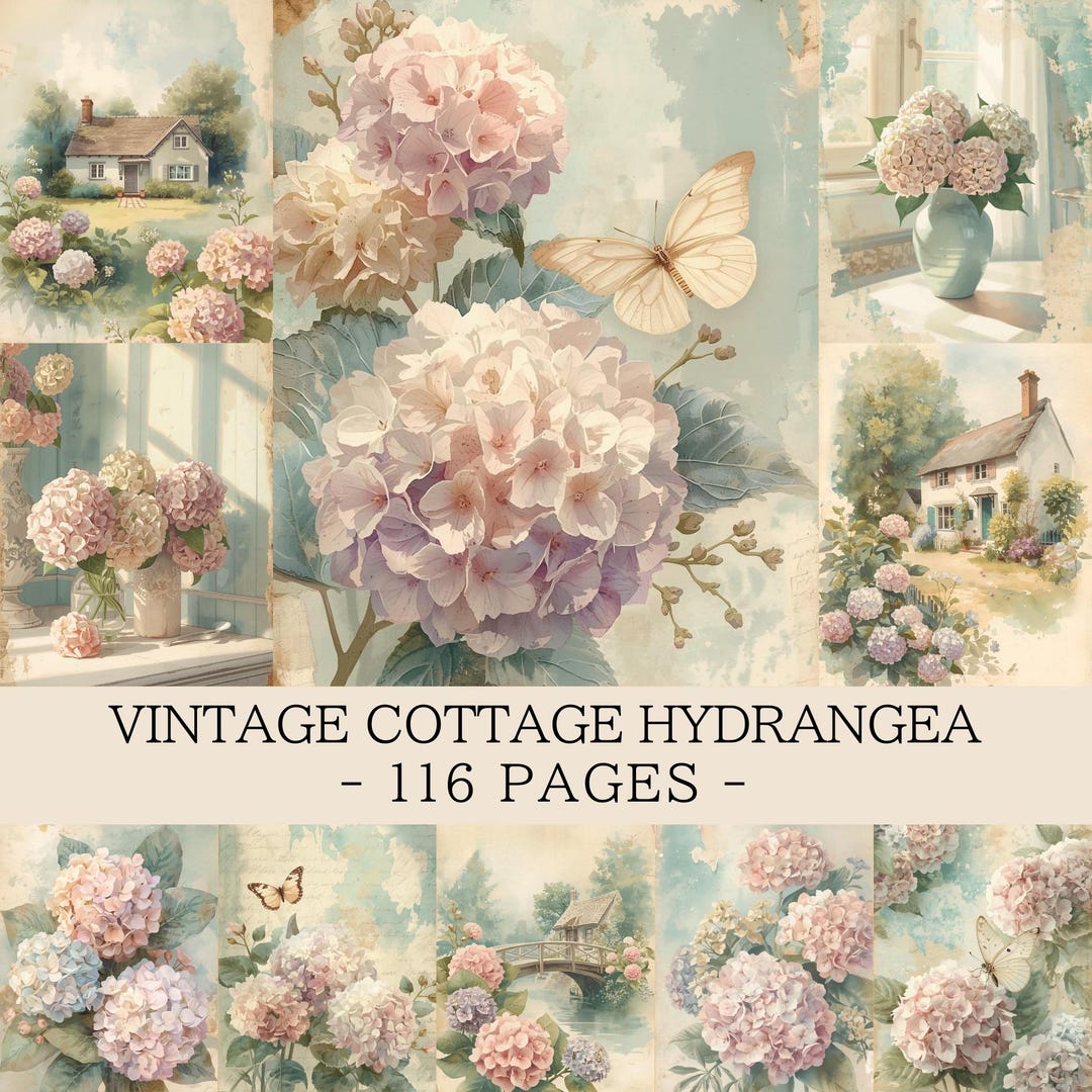 Vintage Cottage Hydrangea Junk Journal Pages | Shabby Chic Flowers ...