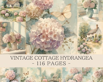 Vintage Cottage Hydrangea Junk Journal Pages | Shabby Chic Flowers Digital Paper | Country Floral Printable Scrapbook Paper