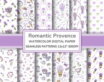 Romantic Provence Watercolor Digital Paper | Shabby Chic Lavender Seamless Patterns | French Country Printable Scrapbook Paper