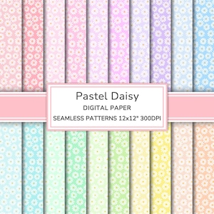 Pacchetto di carta digitale con margherite pastello / Motivi floreali senza soluzione di continuità / Carta per scrapbooking stampabile con motivi floreali / Sfondi con margherite
