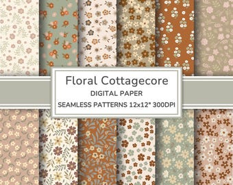 Floral Cottagecore Digital Paper Pack | Neutral Flowers Seamless Patterns | Rustic Country Printable Scrapbook Paper