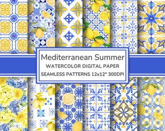 Mediterranean Summer Watercolor Digital Paper | Lemon Tiles Seamless Patterns | Sicilian Majolica Printable Paper Scrapbook