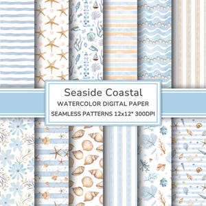 Può includere: Una collezione di modelli di carta digitale ad acquerello senza cuciture a tema costiero. I modelli includono strisce, stelle marine, conchiglie e motivi floreali nei toni del blu, beige e bianco. Il testo sull'immagine recita "Seaside Coastal Watercolor Digital Paper Seamless Patterns 12x12" 300DPI."