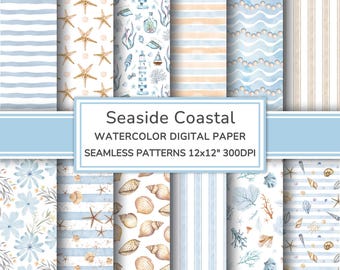 Seaside Coastal Watercolor Digital Paper Pack | Sea Nautical Seamless Patterns | Summer Printable Paper Scrapbook | Ocean Backgrounds
