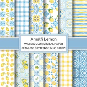 Puede incluir: Una colección de patrones sin costuras de papel digital de acuarela. Los patrones presentan limones, baldosas azules y amarillas, cuadros vichy y rayas. El texto de la imagen dice "Amalfi Lemon Watercolor Digital Paper Seamless Patterns 12x12" 300DPI."
