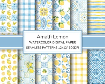 Amalfi Lemon Watercolor Digital Paper | Mediterranean Tiles Seamless Patterns | Majolica Printable Paper Scrapbook