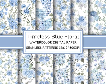 Timeless Blue Floral Watercolor Digital Paper Pack | Grandmillenial Seamless Patterns | Elegant Blue Flowers Printable Scrapbook Paper