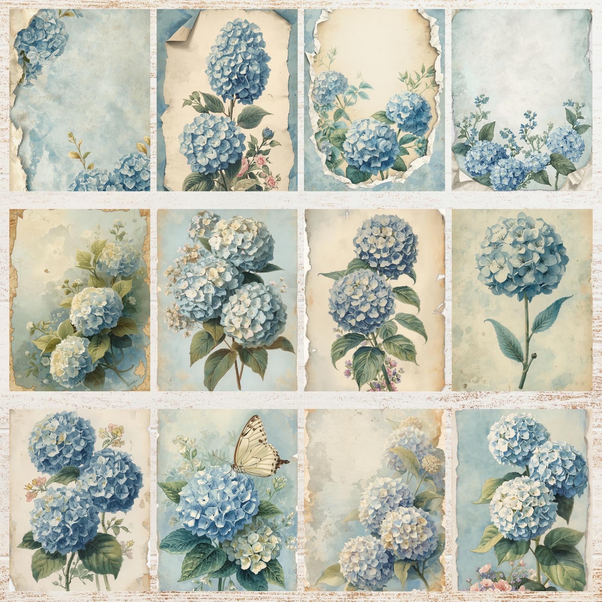 Serenity Hydrangea Junk Journal Pages | Hydrangeas Flowers Digital ...