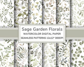 Sage Garden Florals Watercolor Digital Paper Pack | Cottagecore Seamless Patterns | Sage Green Leaves Printable Scrapbook Paper
