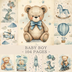 Könnte beinhalten: Eine Sammlung von Aquarellillustrationen mit einem Teddybären mit blauer Schleife, einem Dinosaurier mit Luftballons, einem Schaukelpferd, einem Flugzeug, einem Heißluftballon mit Elefanten, einer Rakete und einem Zug. Der Text lautet BABY BOY - 104 PAGES.