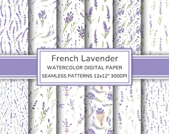 French Lavender Watercolor Digital Paper Pack | Flowers Seamless Patterns | Floral Provence Printable Scrapbook Paper