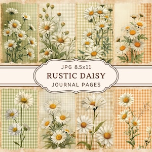 Könnte beinhalten: Eine Sammlung rustikaler Gänseblümchen-Journalseiten. Die Seiten zeigen eine Collage aus Vichy-Mustern in Grün, Beige und Orange mit Gänseblümchen-Illustrationen. Der Text "JPG 8.5x11" und "RUSTIC DAISY JOURNAL PAGES" ist zu sehen.
