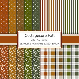Könnte beinhalten: Eine Sammlung von digitalem Papier mit nahtlosen Mustern in Herbstfarben wie Orange, Braun und Olivgrün. Die Designs umfassen weiße Punkte, vertikale Streifen, kleine weiße Blumen und Karomuster. Der Text lautet Cottagecore Fall.