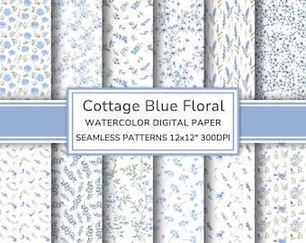 Cottage Blue Floral Watercolor Digital Paper Pack | Grandmillenial Seamless Patterns | Tiny Flowers Printable Scrapbook Paper