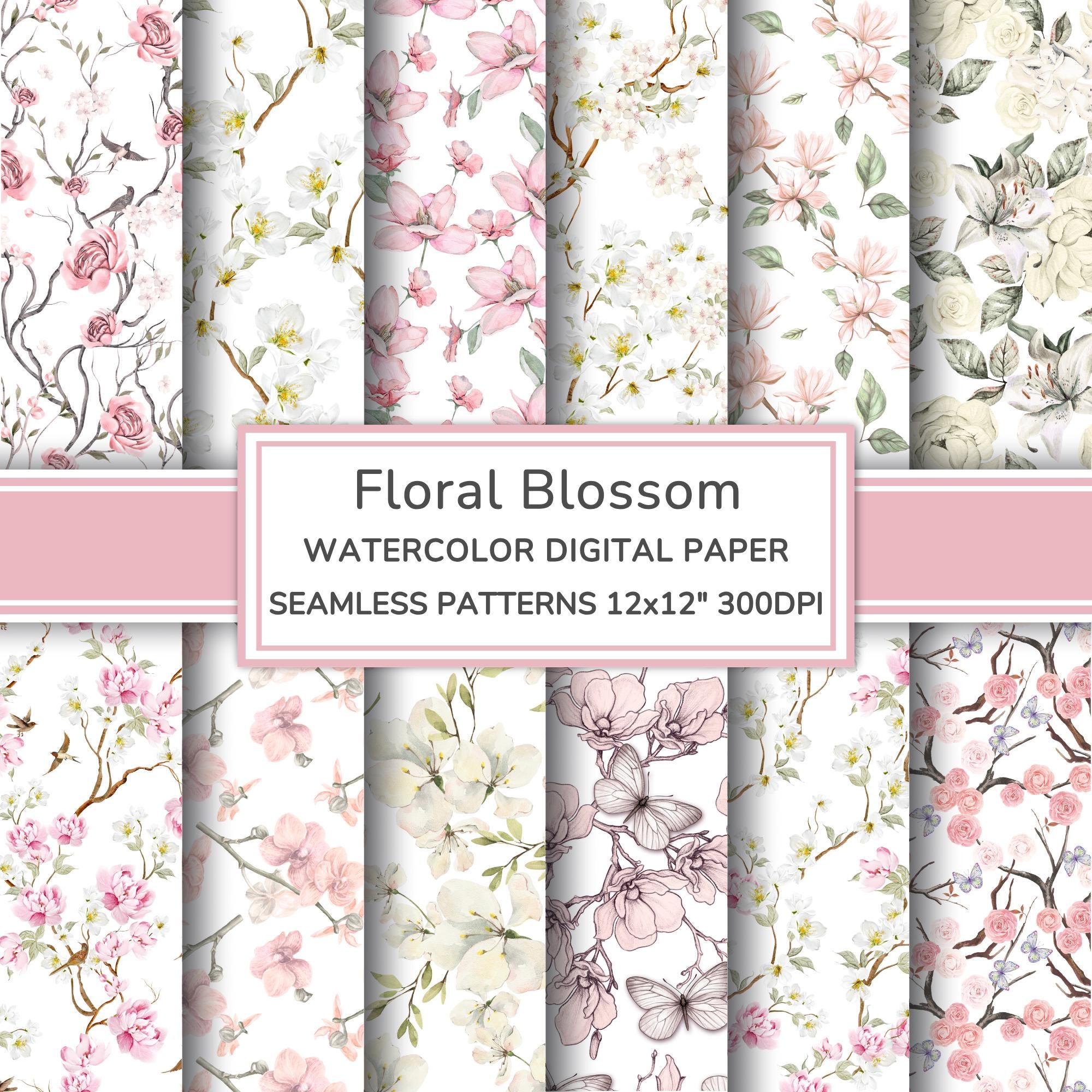 Floral Blossom Watercolor Digital Paper Pack | Flowers Seamless ...