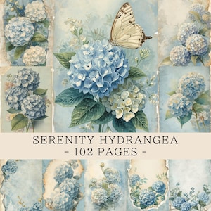 Könnte beinhalten: Eine Collage aus Aquarellillustrationen mit blauen und weißen Hortensien und einem Schmetterling. Die Bilder haben eine Vintage-Ästhetik mit zerrissenen Rändern und einer weichen Pastell-Farbpalette. Der Text lautet "SERENITY HYDRANGEA - 102 PAGES -."