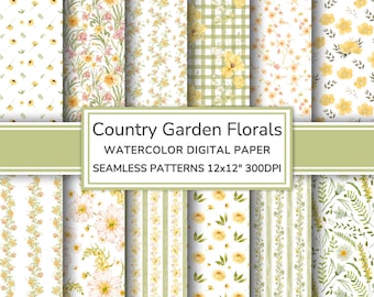Country Garden Florals Watercolor Digital Paper Pack | Flowers Seamless Patterns | Cottage Printable Scrapbook Paper