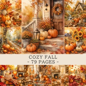 Könnte beinhalten: Eine digitale Sammlung von 79 Seiten mit dem Titel COZY FALL, die Illustrationen im Aquarellstil von Herbstszenen zeigt, darunter Kürbisse, Herbstlaub, gemütliche Innenräume mit Kaminen, rustikale Veranden, Sonnenblumen und warme saisonale Dekoration.