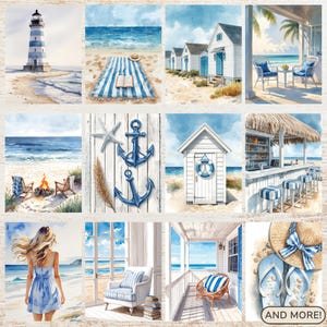May include: A collection of watercolor paintings featuring coastal scenes. Images include a lighthouse, beach, ocean views, beach huts, a beach bar, and beach accessories. The color palette is primarily blue and white, evoking a nautical theme.