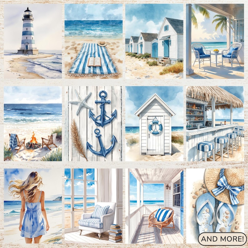 May include: A collection of watercolor paintings featuring coastal scenes. Images include a lighthouse, beach, ocean views, beach huts, a beach bar, and beach accessories. The color palette is primarily blue and white, evoking a nautical theme.