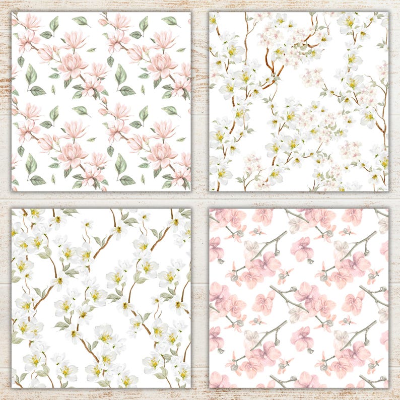 Floral Blossom Watercolor Digital Paper Pack | Flowers Seamless ...