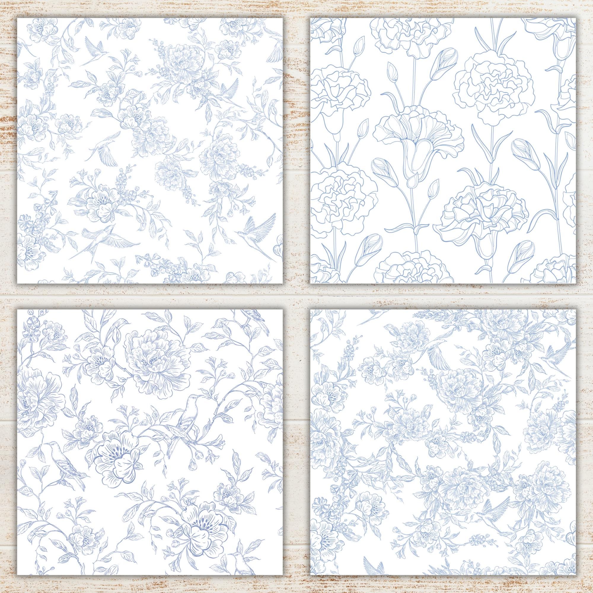 French Blue Toile De Jouy Digital Paper Pack | Floral Seamless Patterns ...