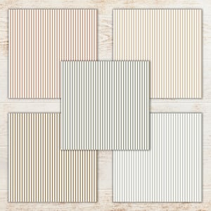 May include: Five square patterned papers with vertical stripes in various colors: light brown, olive green, gray, beige, and light gray. The papers are arranged on a light wood-grain surface.