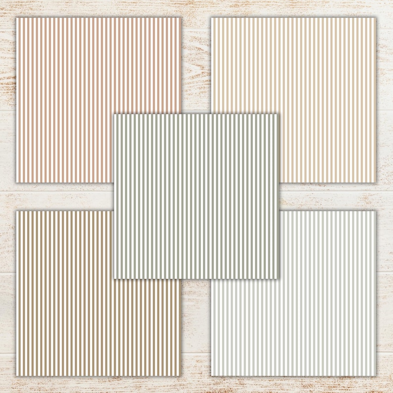 May include: Five square patterned papers with vertical stripes in various colors: light brown, olive green, gray, beige, and light gray. The papers are arranged on a light wood-grain surface.