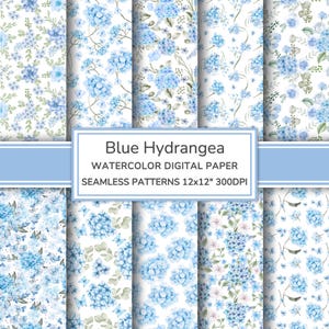 Puede incluir: Una colección de patrones sin costuras de papel digital de acuarela con flores de hortensia azules sobre un fondo blanco. Los patrones miden 30,5 x 30,5 cm y 300 DPI. El texto "Blue Hydrangea" se muestra en una pancarta azul claro.