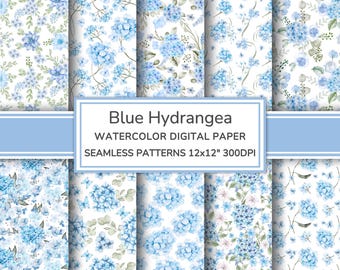 Blue Hydrangea Watercolor Digital Paper Pack | French Floral Seamless Patterns | Flowers Printable Scrapbook Paper | Hydrangeas Backgrounds