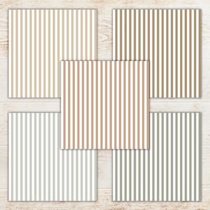 May include: A collection of five square patterned papers with vertical stripes in various neutral colors. The color palette includes beige, brown, pink, gray, and green stripes, each alternating with white stripes. The papers are arranged on a light wood surface.