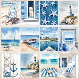 May include: A collection of watercolor paintings with a coastal theme. Images include a beach chair, a cat in a window, starfish, a lighthouse, a boat, seagulls, an anchor, and a beach scene with a book.