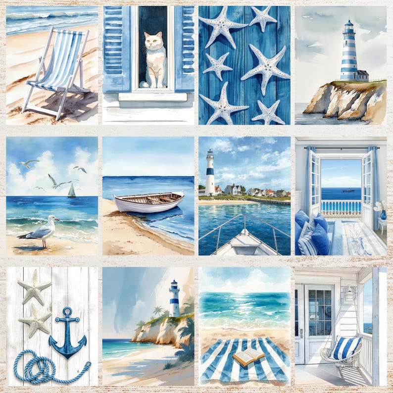 May include: A collection of watercolor paintings with a coastal theme. Images include a beach chair, a cat in a window, starfish, a lighthouse, a boat, seagulls, an anchor, and a beach scene with a book.