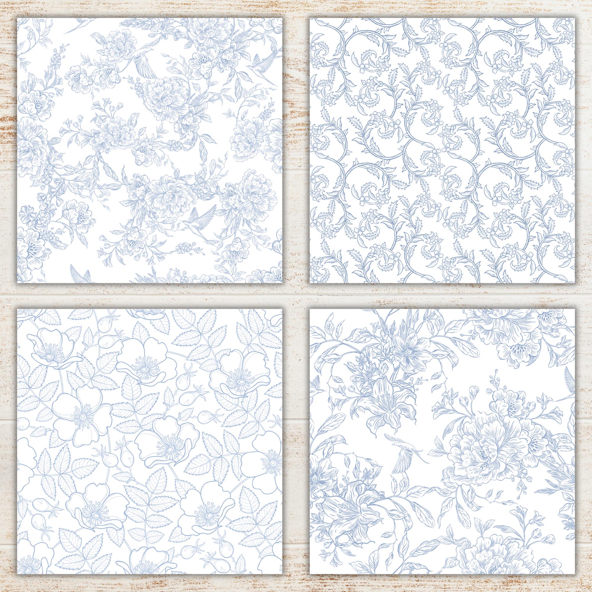 French Blue Toile De Jouy Digital Paper Pack | Floral Seamless Patterns ...